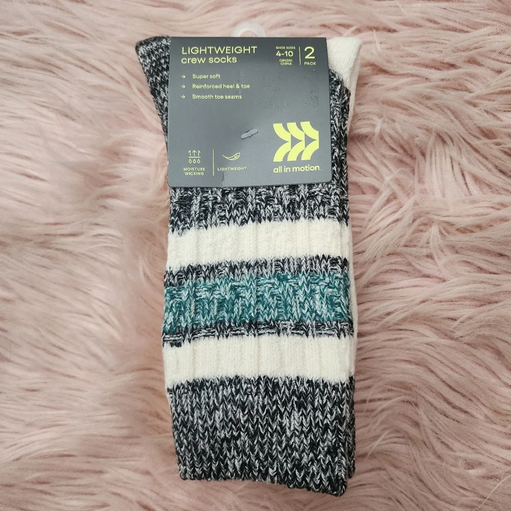 All In Motion lightweight crew socks moisture wicking 2 pairs Sz 4-10